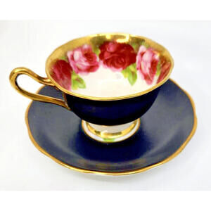 Royal Albert Matte Black OLD ENGLISH ROSE Tea Cup Teacup & Saucer Gold Wear